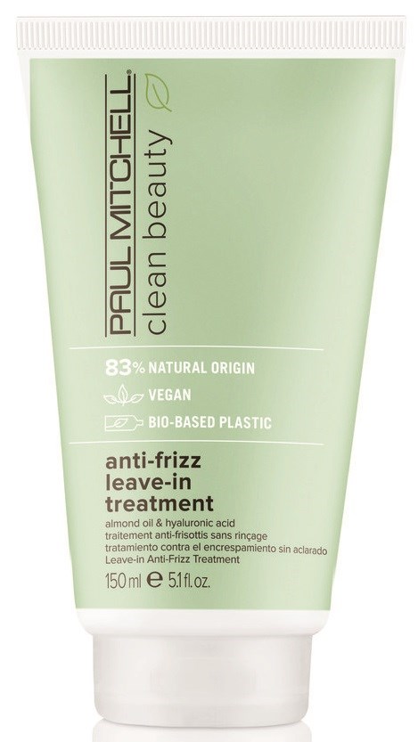 Grønn tube med anti-frizz leave-in-behandling fra Paulas Choice, vegansk, naturlig, med mandelolje og hyaluronsyre.
