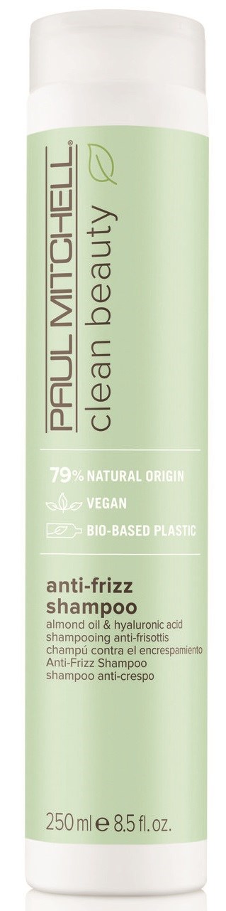Eine hohe, grüne und weiße Flasche mit Paul Mitchell Anti-Frizz-Shampoo und Etikett.