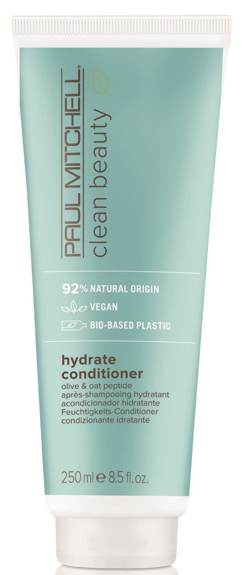 En ljusblå tub med Paul Mitchell hydrate balsam med vit topp, innehåller produktinformation och vegetariska symboler.