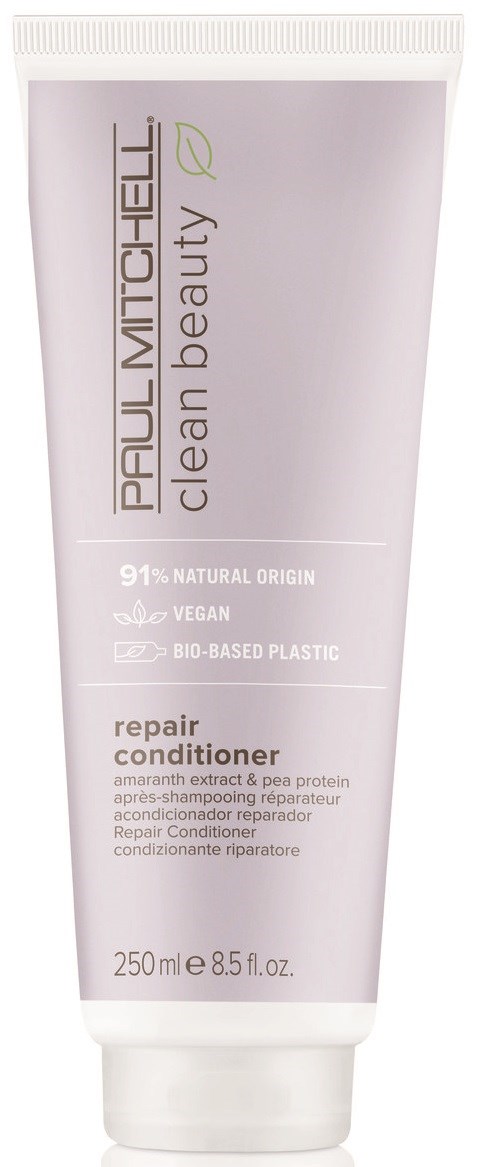 Eine Tube mit Paul Mitchelle Reparaturconditioner, natürliche Inhaltsstoffe, vegan, bio-basiertes Kunststoff, 250 ml.