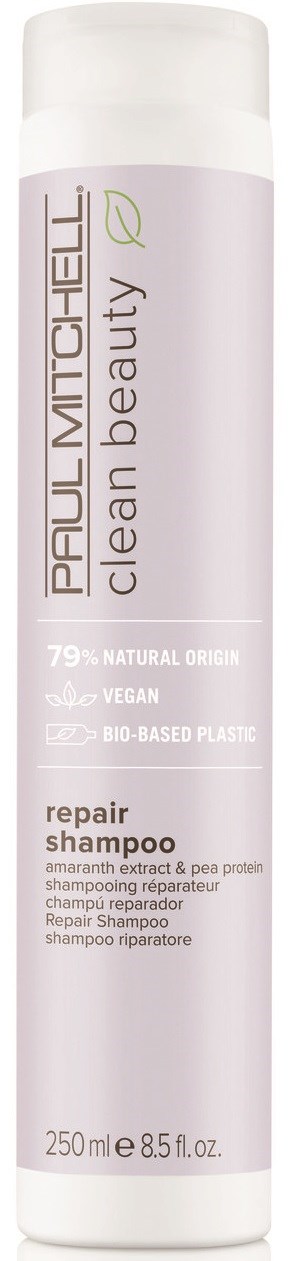 Eine weiße Flasche mit Repair Shampoo, lila und goldem Etikett, erwähnt natürliche Zutaten und Vegan, für Haarpflege.