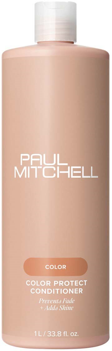 En lang beige flaske med Paul Mitchell Color Protect Conditioner og hvid låg.