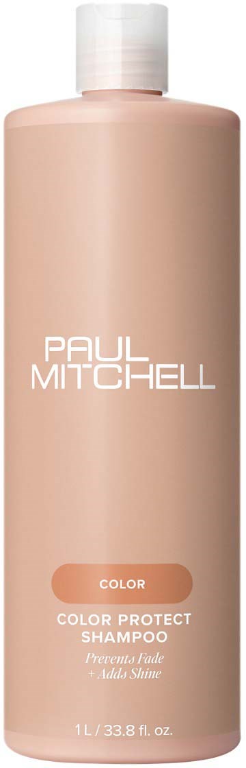 En beige flaske af Paul Mitchell Color Protect Shampoo med hvid hætte og enkel etikette.