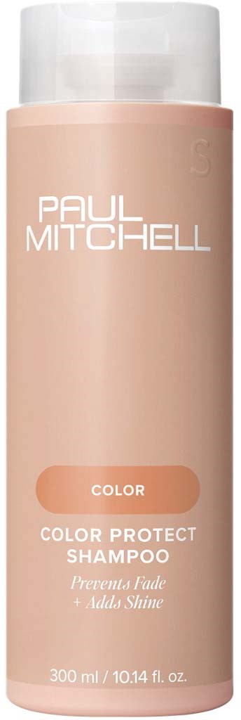 En beige flaske med hvit lokk, merket Paul Mitchell Color Protect Shampoo, 300 ml. Lyst, enkelt design.