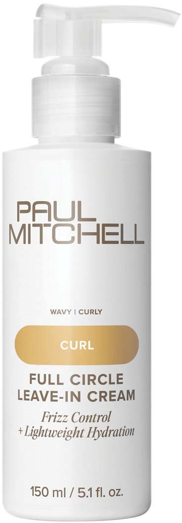 En vit flaska med pump visar Paul Mitchell hårkräm för lockigt hår, som ger frisskontroll och fuktighet.