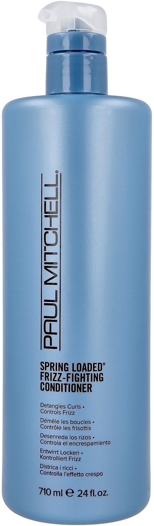 Blå flaska med Paul Mitchell Spring Loaded Frizz-Fighting Conditioner med pump.