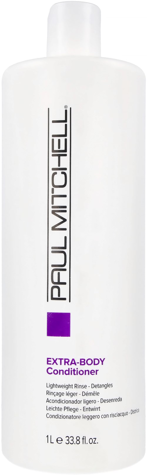 En hvit flaske av Paul Mitchell Extra-Body Conditioner med svart og lilla tekst, står oppreist.