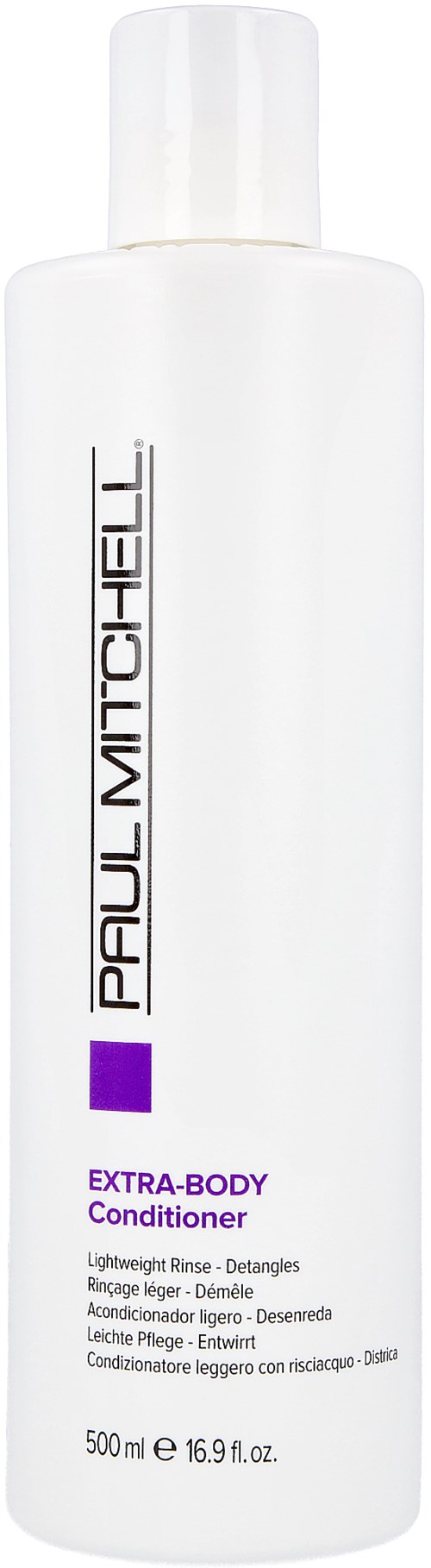 En hvid flaske mærket Paul Mitchell Extra-Body Conditioner, 500 ml størrelse, glat design, med produktdetaljer i lilla og sort.