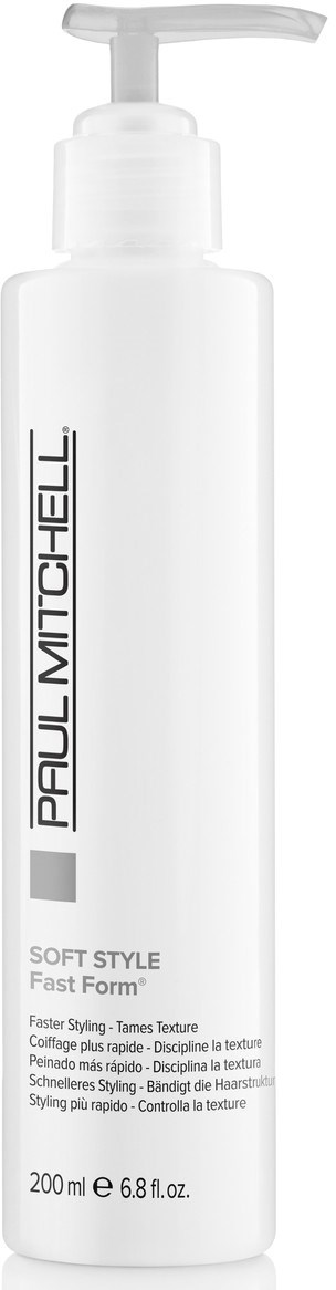 En vit flaska med pump märkt Paul Mitchell, Soft Style Fast Form, 200 ml. Det är en hårstylingprodukt.