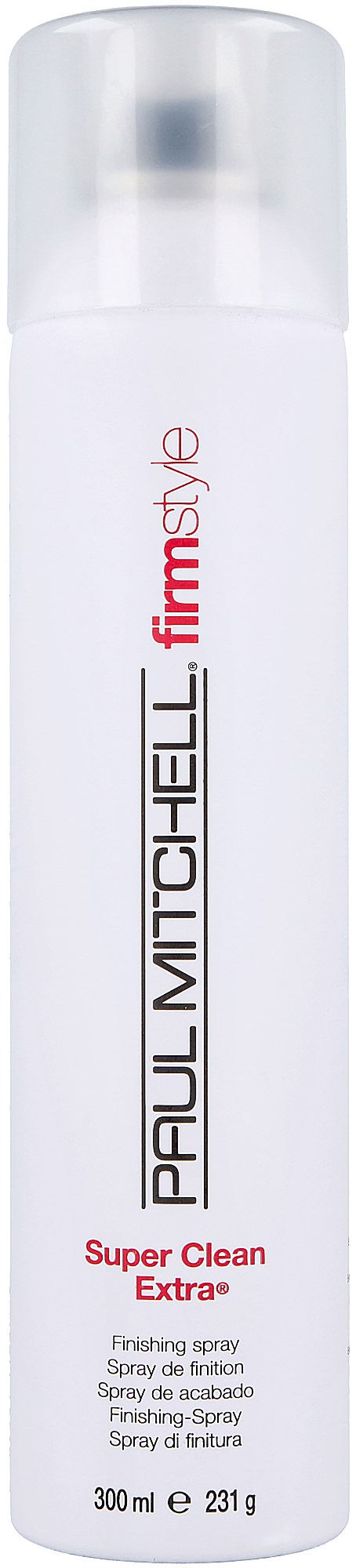En vit sprayflaska med svart och röd text, märkt 'Paul Mitchell' och 'Super Clean Extra' för avslutning.