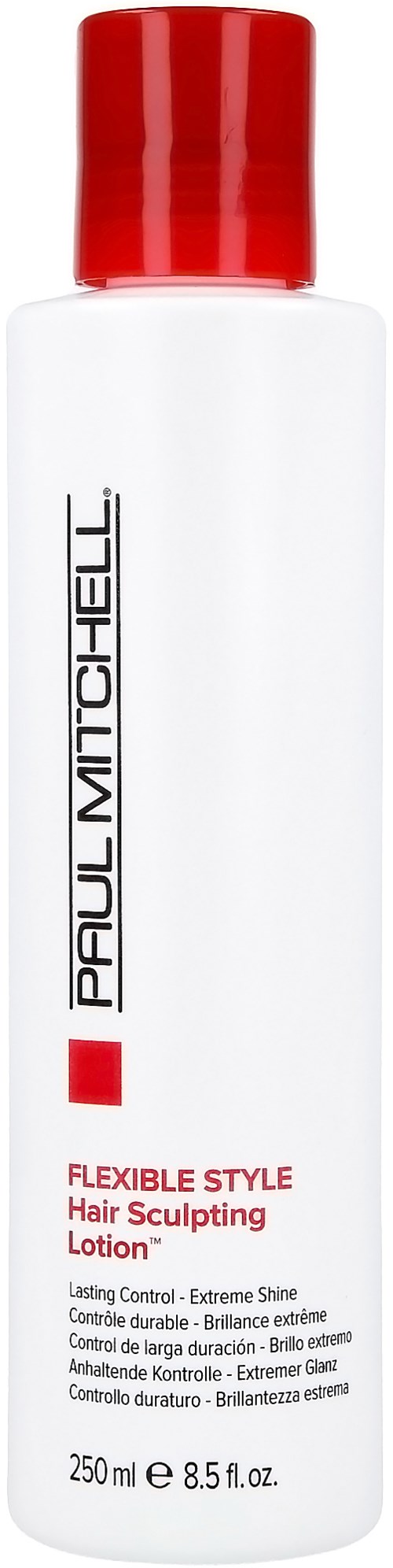 En hvit flaske med rød hette merket "Paul Mitchell" og produktbeskrivelse for hårstylingslotion.