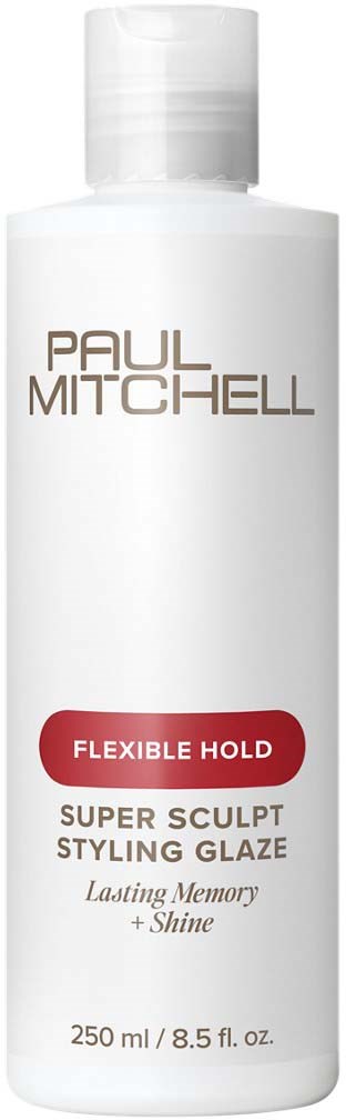 Eine weiße Flasche mit weißem Deckel, beschriftet als Paul Mitchell super sculpt styling glaze, 250 ml, für flexiblen Halt.