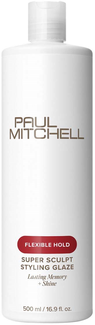Eine weiße Flasche mit dem Namen Paul Mitchell, gekennzeichnet als Flexible Hold Super Sculpt Styling Gel, 500 ml.