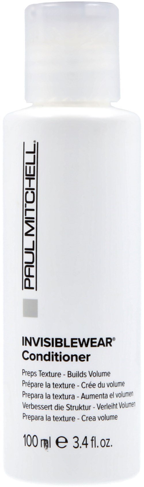 A white bottle labeled Paul Mitchell Invisiblewear Conditioner. It is 100 ml or 3.4 fl oz. The cap is translucent.