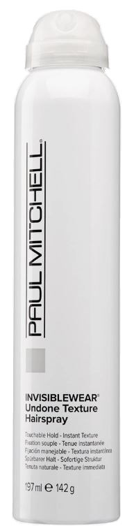 Een witte cilindervormige haarlakfles met zwarte tekst, gemarkeerd "Paul Mitchell" en "InvisibleWear Undone Texture Hairspray."