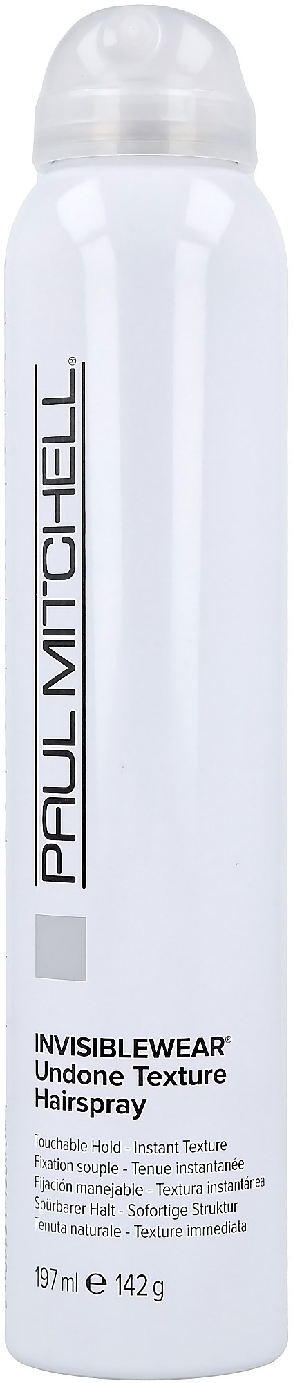 Een witte spraybus met ronde dop, gelabeld "Paul Mitchell" en "Invisiblewear" voor haarstijl.