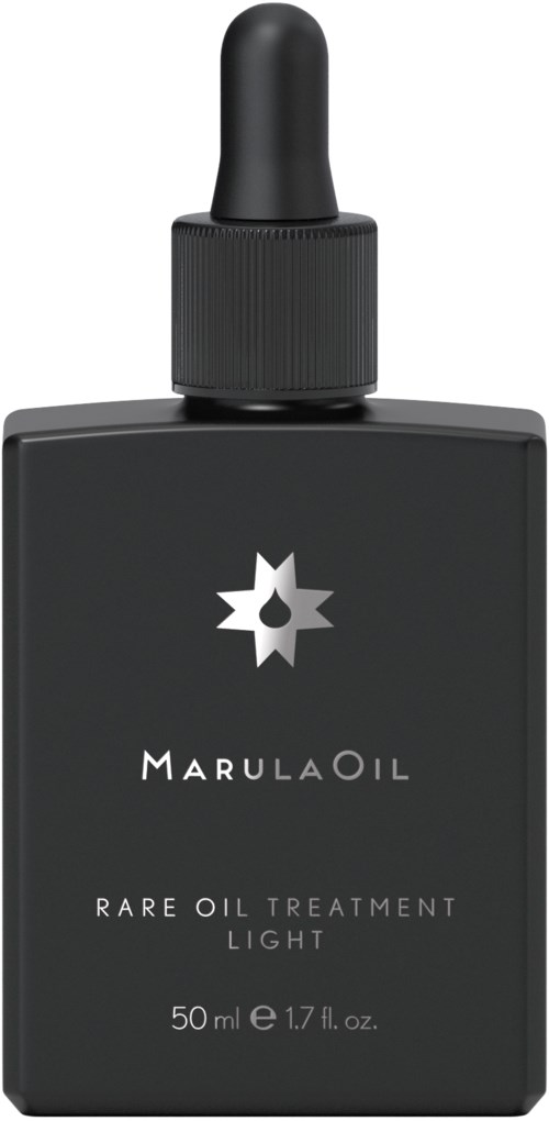 Black bottle with dropper cap, label reads Marula Oil, Rare Oil Treatment Light, 50 ml. Sleek design.