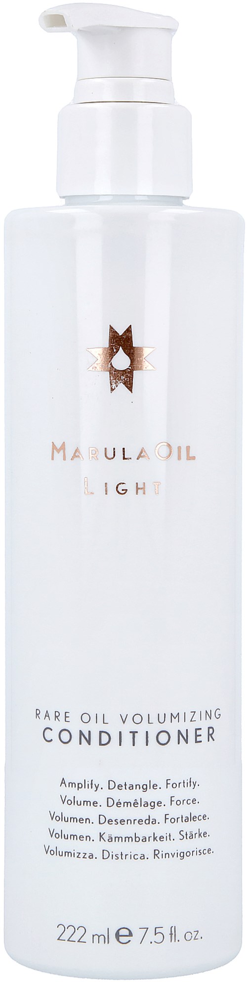 Vit flaska med pump, märkt som Maula Oil Light, en volymgivande balsam, 222 ml. Enkel och ren design.