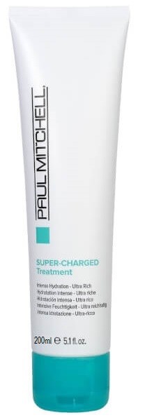 Vit tub med blå lock, märkt Paul Mitchell Super-Charged Treatment, 200 ml.