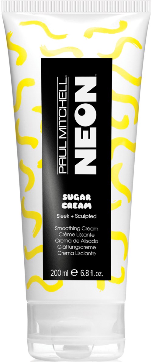 Tub med Paul Mitchell Neon Sugar Cream med gula vågiga mönster och fet svart-vit etikett.