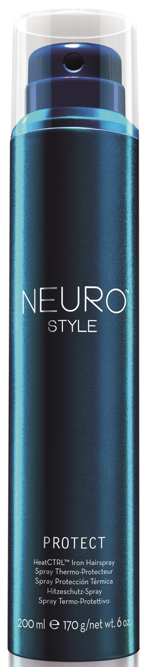 En blå aerosolsprayflaske merket 'Neuro Style Protect' med hvit hetten.