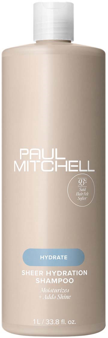 En beige flaska av Paul Mitchell hydrate duschhydrationsschampo med vit lock.