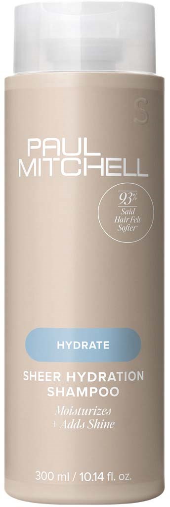 En beige flaska med Paul Mitchell-schampo som heter 'Sheer Hydration' för att återfukta och ge glans.