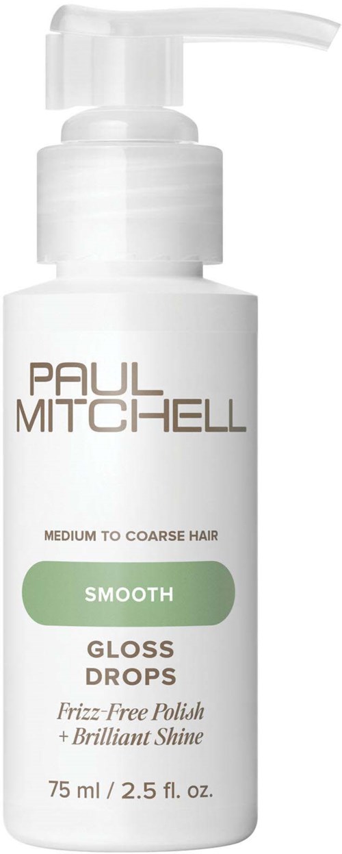 En vit flaska med pump innehåller Paul Mitchell hårljusdroppar för medel till grovt hår, slät finish, 75 ml.