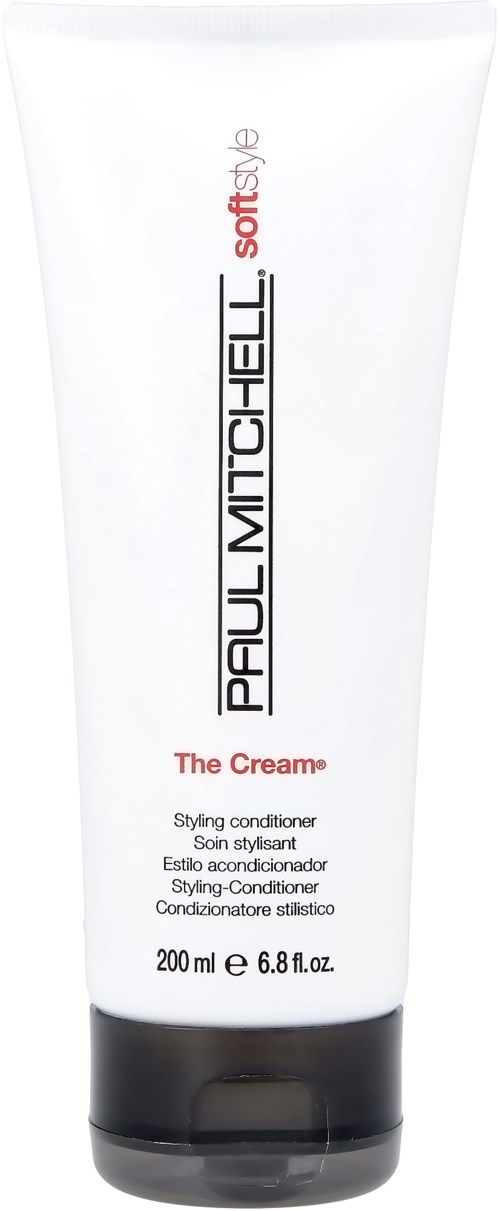 En vit tub med Paul Mitchell Soft Style stylingbalsam, 200 ml, med svart lock och röd text.
