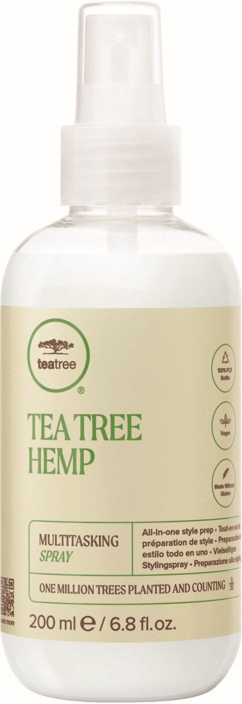 Eine Sprühflasche mit dem Label Tea Tree Hemp Multitasking Spray, 200 ml, mit Symbolen für verschiedene Anwendungen und natürlichen Inhaltsstoffen.
