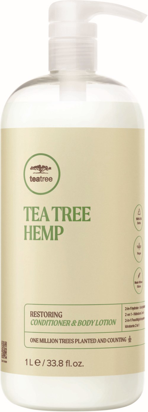 Eine weiße Flasche mit Pumpkopf, beschriftet mit Tea Tree Hemp restoring Conditioner & Body Lotion, 33,8 fl oz.