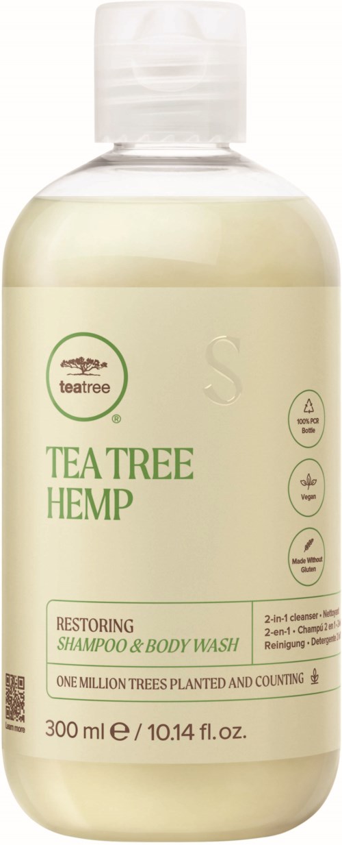En flaska med tea tree hemp återställande schampo och kroppsvård, 300 ml, med gröna texter och ikoner på vit bakgrund.