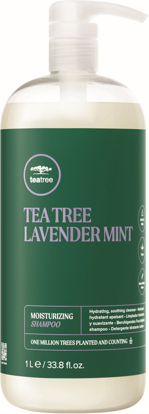 A green bottle of Teatree Lavender Mint moisturizing shampoo with a pump top. It contains one liter of shampoo.