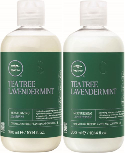 To flasker med tea tree lavendel mynte shampoo og balsam, hver 300 ml, med grønne etiketter, der angiver fugtgivende og beroligende egenskaber.