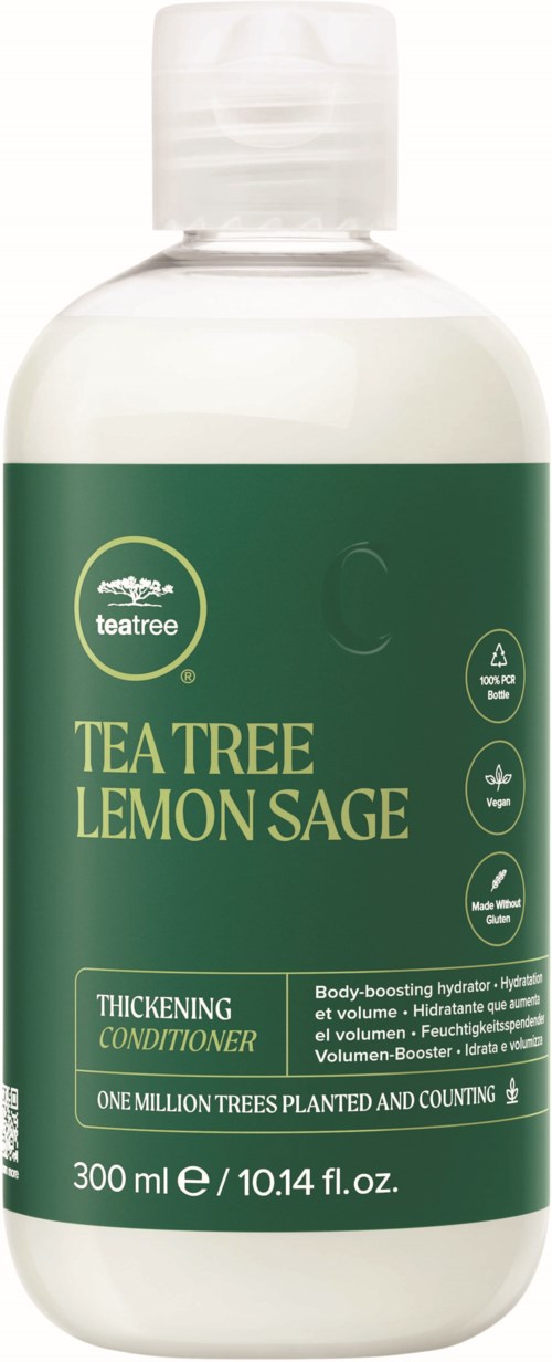 A green and white bottle of Tea Tree Lemon Sage thickening conditioner with 300 ml content and brand logo.