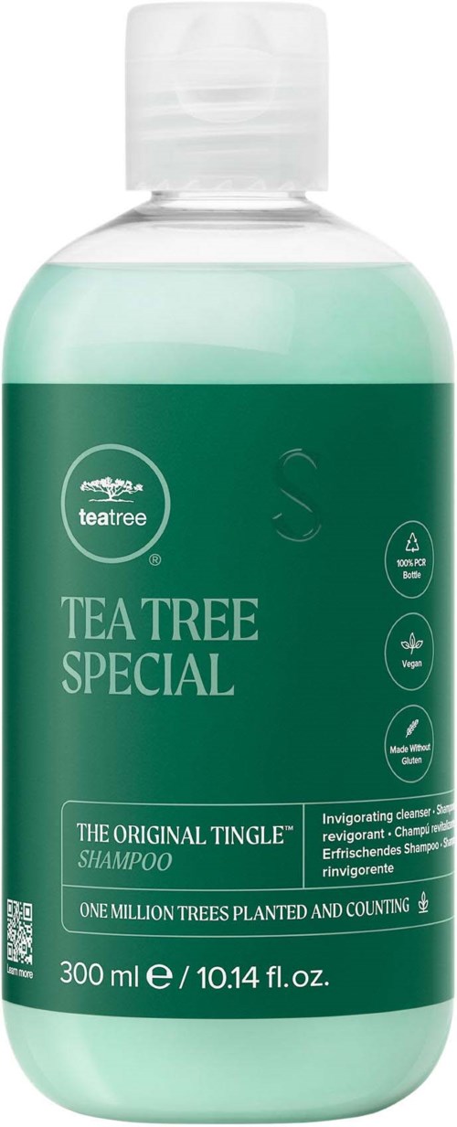 En grön schampoburk med vit lock, märkt 'Teatree Special' och innehållande 300 ml schampo för hårtvätt.