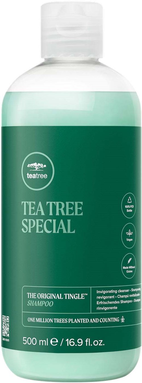 Flaske med Tea Tree Special shampoo med grøn label, 500 ml, fremmer sundt hovedbund og hår, forbundet med naturen.