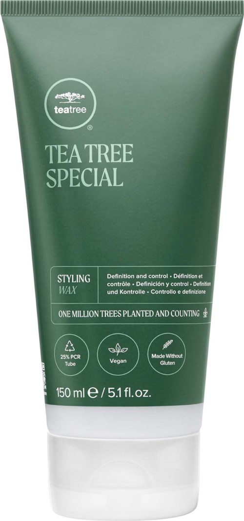 Grön tub med etiketten 'Tea Tree Special Styling Wax' och ikoner som visar att produkten är vegansk och glutenfri. 150 ml.