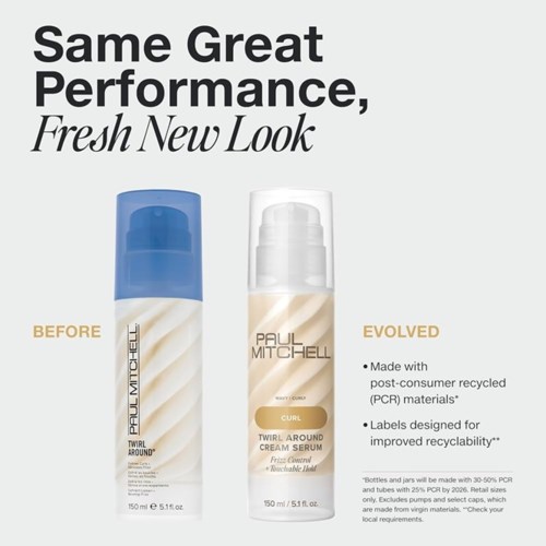 To flasker med Paul Mitchell hårpleieprodukter med en etikett som fremhever ytelse og miljøvennlige ingredienser.