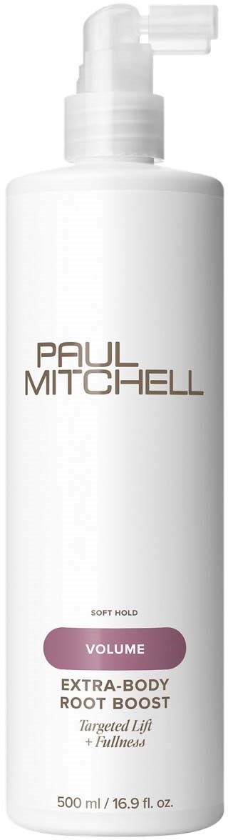 En vit flaska med pump, märkt Paul Mitchell, för volym och rotförstärkning av håret.