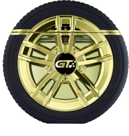 Et hjul med guldnav og sort dæk, med en GT-logo i midten.