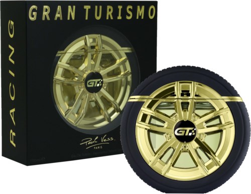 Et GT Racing hjul i guld med et sort dæk, vist med sin kasse med gul tekst og logo.