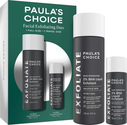 Hylsyssä Paula's Choice kasvopuhdistusduo, sisältää täysikokoisen ja matkakokoisen pullon, merkinnät 2% BHA ja salisylaisä.