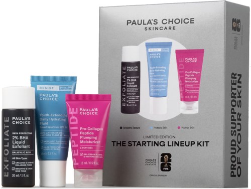 A skincare set with three tubes and a box, labeled with different skincare product names and benefits.