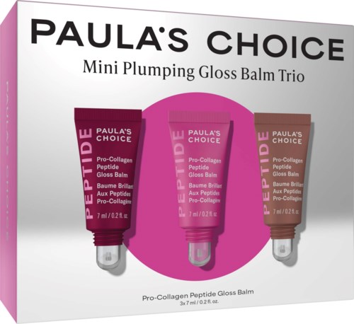 Tre rør av Paula's Choice Mini Plumping Gloss Balm Trio i rosa, lilla og brun emballasje.