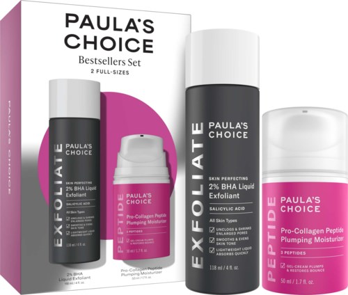 Bild av ett hudvårdspaket med två exfolierande vätskor i svarta och vita flaskor och en rosa fuktighetskräm med produktnamn på förpackningen.