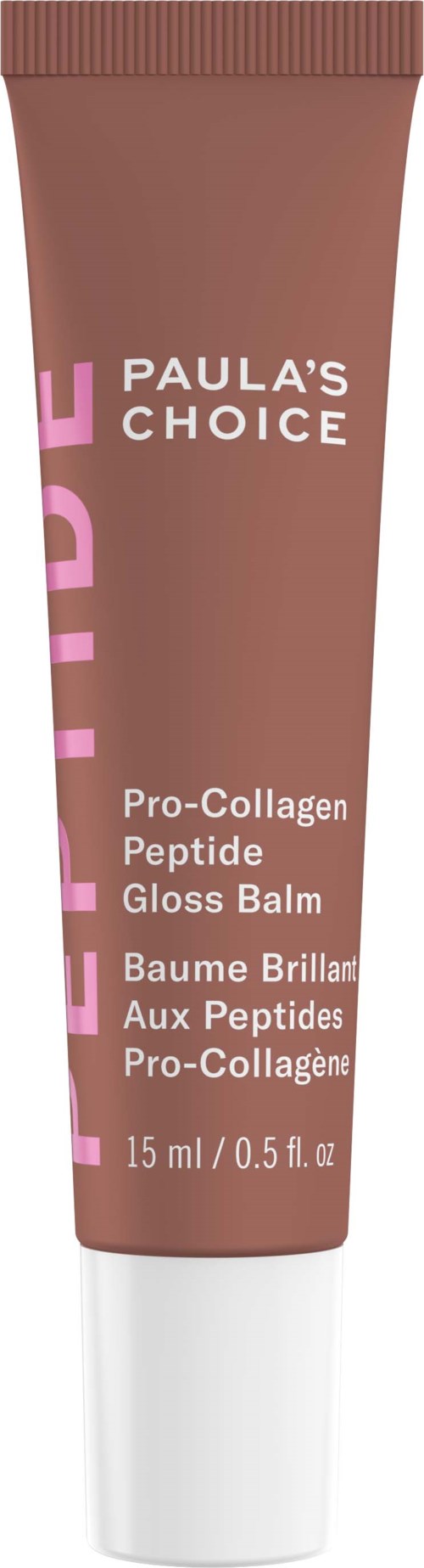 Vaaleanruskea ihohoitotuubi Paula's Choice Pro-Collagen Peptide Gloss Balm teksti ja valkoinen korkki.