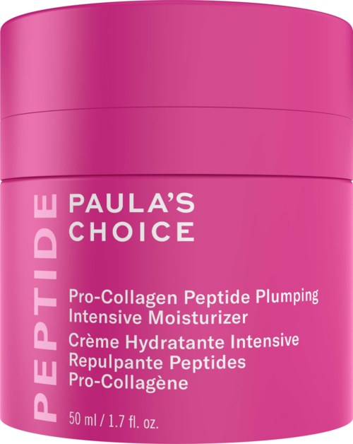 Pinkki purkki Paula's Choice Pro-Collagen Peptide Plumping Moisturizer -tekstiä.