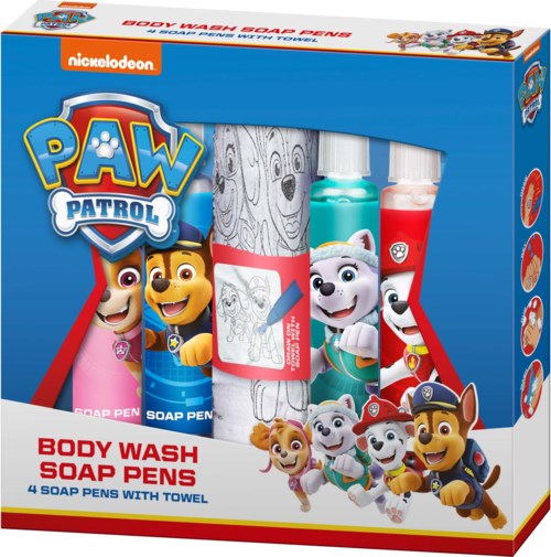 PAW Patrol themed set includes 4 soap pens with colorful characters and a towel inside a blue box.