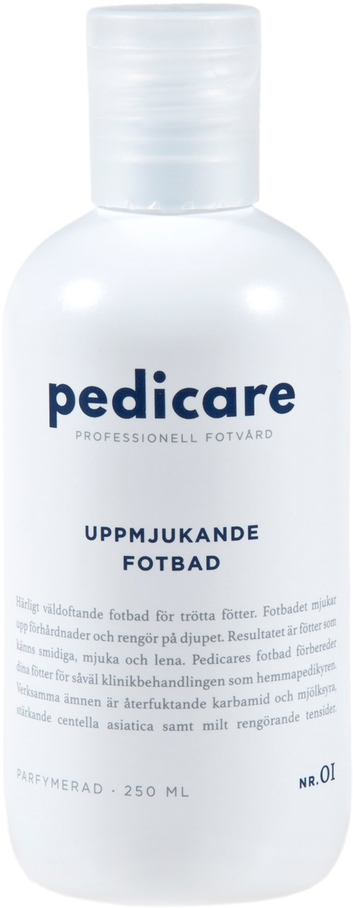 En vit flaska med en etikett för Pedicare fotbad, innehållande 250 milliliter, med text på svenska.